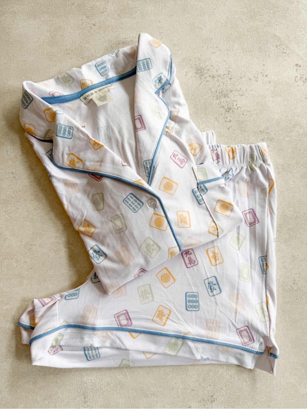 Indigo White Mahjong Tile Print Pajama Set with Blue Trim